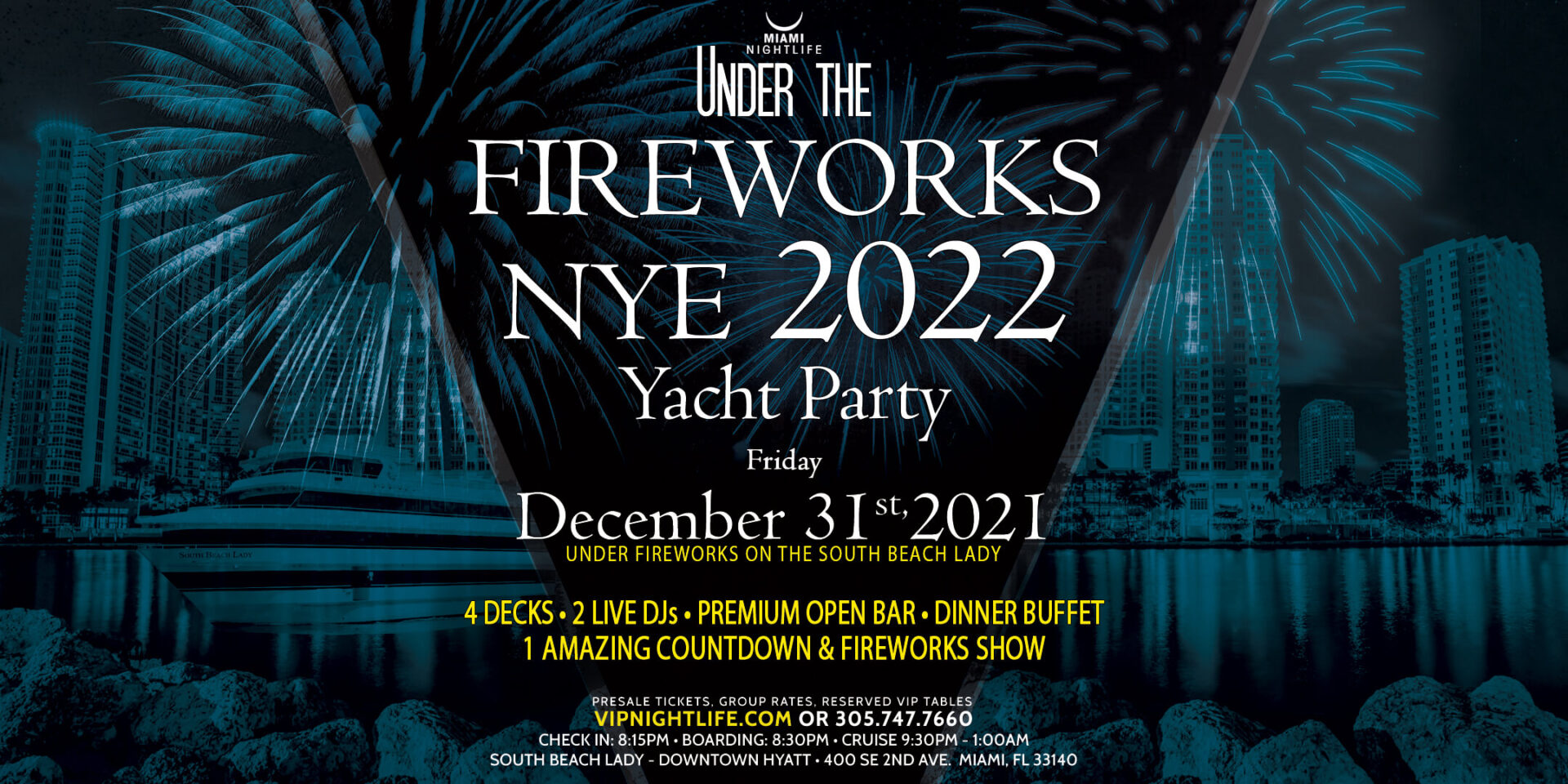 Miami Fireworks Viewing Pier Pressure New Year's Eve Yacht Party 2022